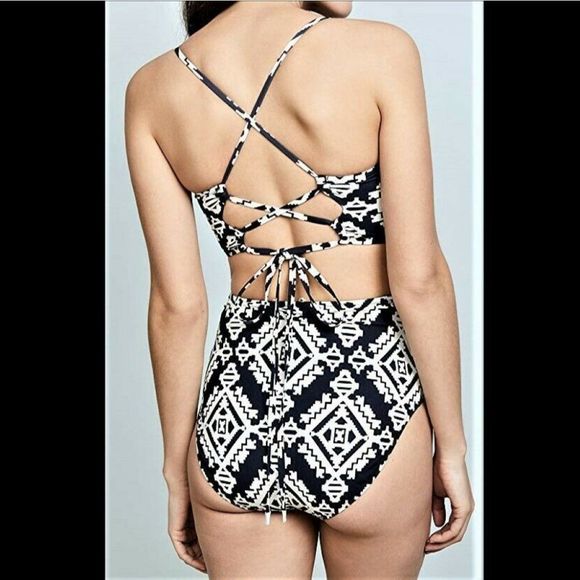 Tory Burch Blue White Tapestry Geometric Cut Out One Piece Swimsuit Size XS - Picture 5 of 14